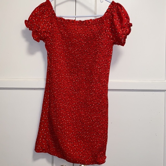 Red Floral Large Off The Shoulder Red Mini Dress - Picture 7 of 15